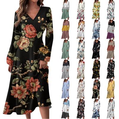 Women's Autumn And Winter Casual Fashion V-neck Long Sleeve  Print Long Dress