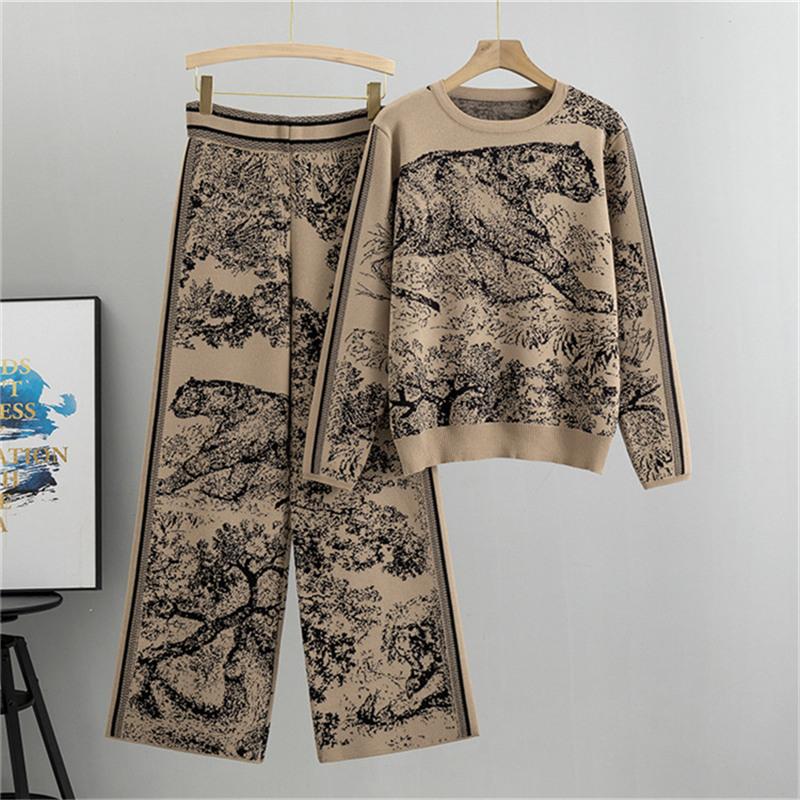 

Tiger print woven suit for women, autumn sweater loose wide leg pants two-piece set One Size хакі