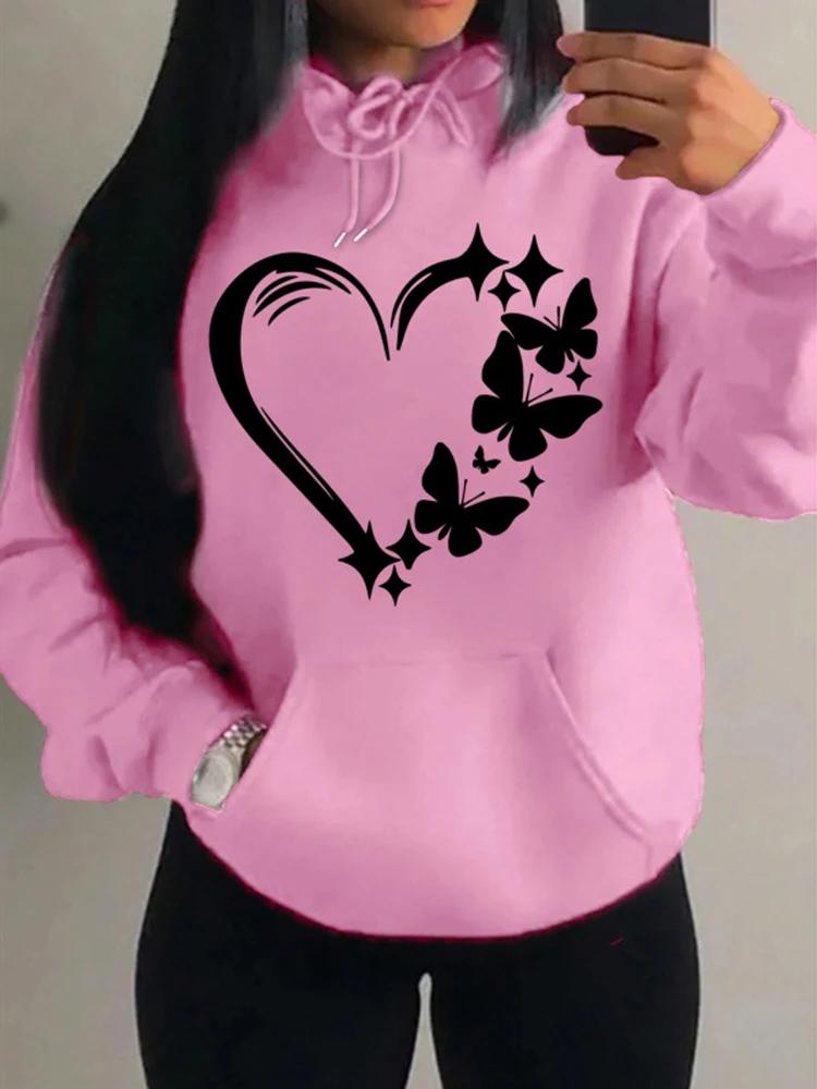 Combination Of Love And Butterfly Pattern Sweater Women Hip Hop Street Hoodies Trendy Pocket Clothes Vintage Multicolor Hoody