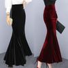 Women's High-Waist Gold Velvet Fishtail Midi Skirt – Plush, Thickened for Autumn/Winter