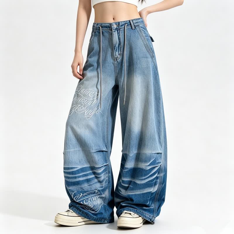 American retro large size washed old drawstring jeans men's and women's street straight loose and thin wide-leg pendant pants