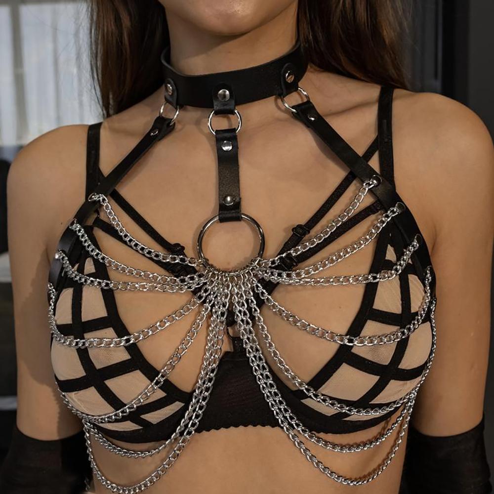 Women Sexy Body Harness Belt Leather Lingerie Chest Chain Bondage Party Festival Rave Accessories Gothic Fetish Clothing