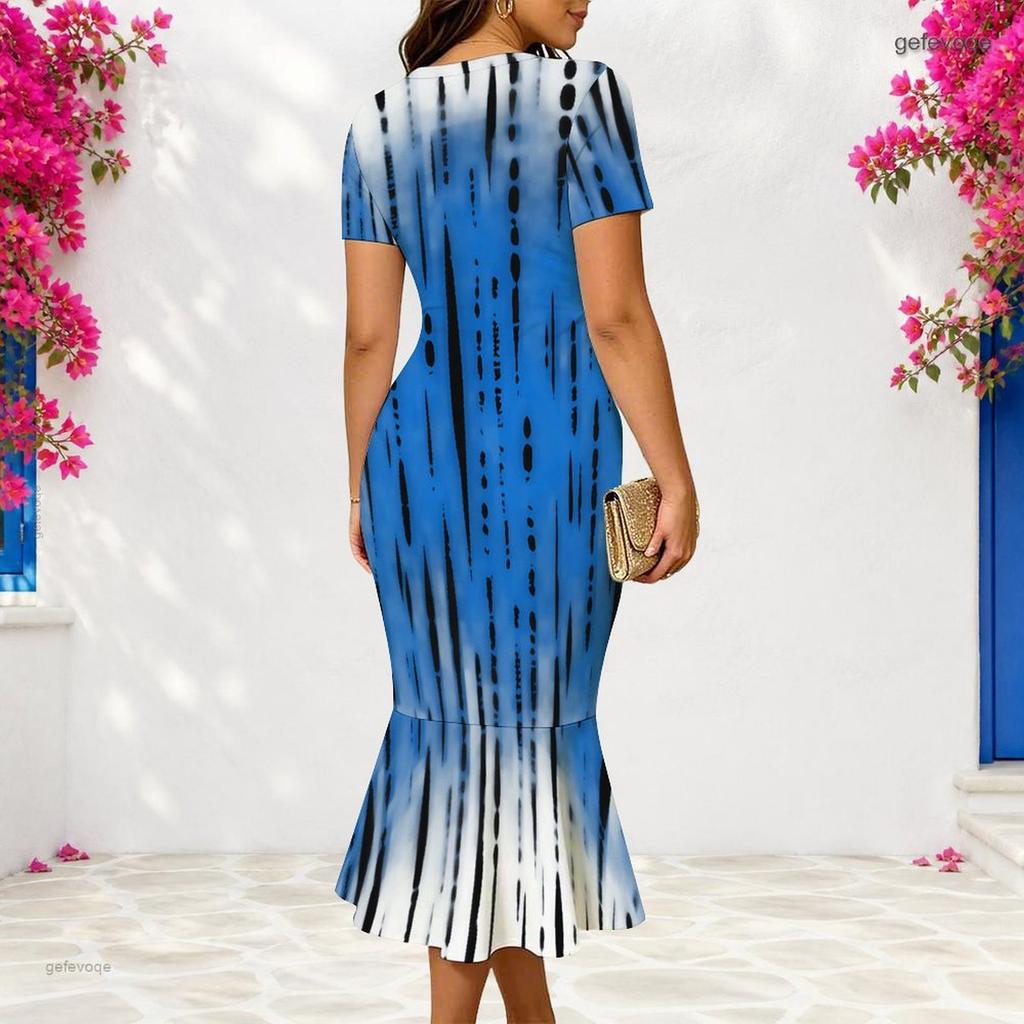 Women Plus Size V Neck Short Sleeve Fitted Striped Printed Fishtail Dress