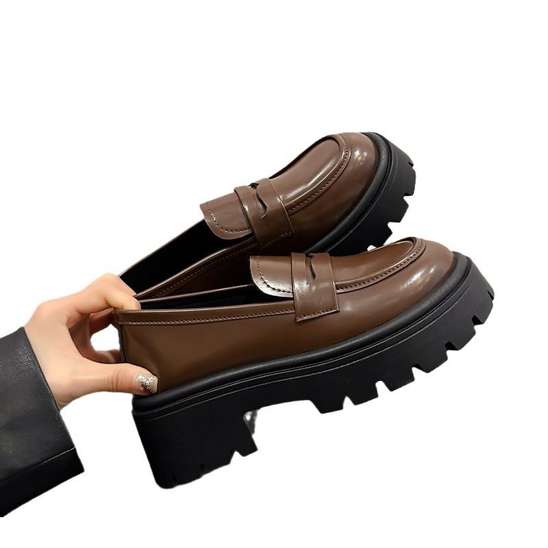 Brown and black small leather shoes female round head muffin thick-soled lazy person pedaling