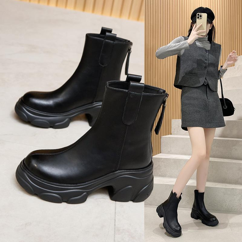 Fashion cowhide thick heel thick sole round head short boots women's 2025 autumn and winter new brown retro versatile and thin Martin boots