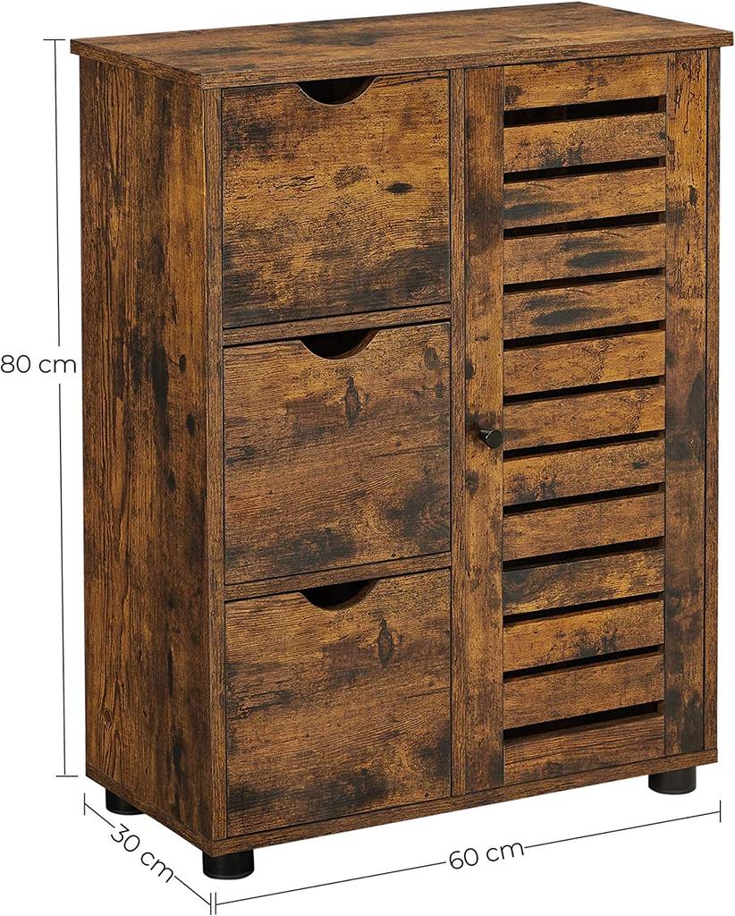 VASAGLE Bathroom Floor Cabinet, Wooden Storage Unit with 3 Drawers, Single Door with 2 Adjustable Shelves, for Living Room, Kitchen, Entryway