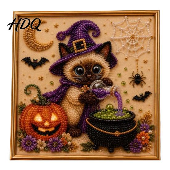 Easy Bead Puzzles for Beginners Halloween Witch Hat Cat DIY 3D Pearl Painting Kit with Frame Hand-Pasted Art Craft Adults Relaxing Decorative