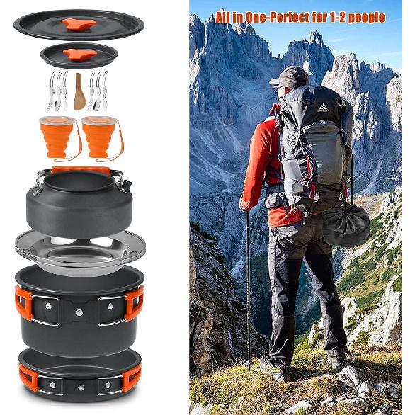 Camping Cooking Set Camping Cookware Outdoor Aluminum Mess Kit with Frying Pan, Pot with Lid, 1.2L Kettle Set and 2 Stainless Steel Plate, 2 Folding