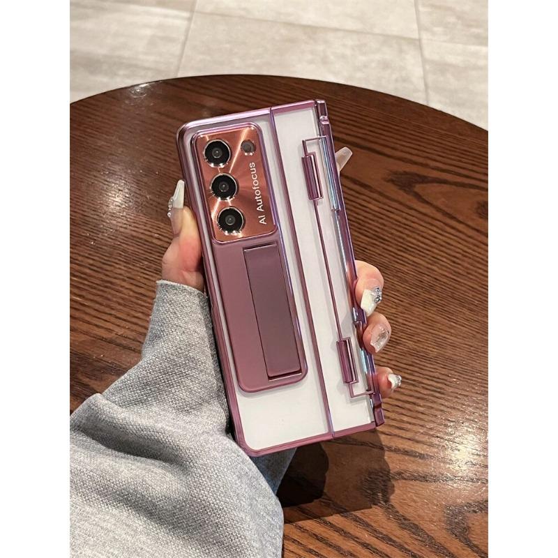 

Для Samsung Z Fold 5 Z Fold 4 Z Fold 3 5G прозрачный чехол с роскошным покрытием, защитная пленка для ПК с экраном, пленка-подставка, чехол For Galaxy Z Fold 3 розовый