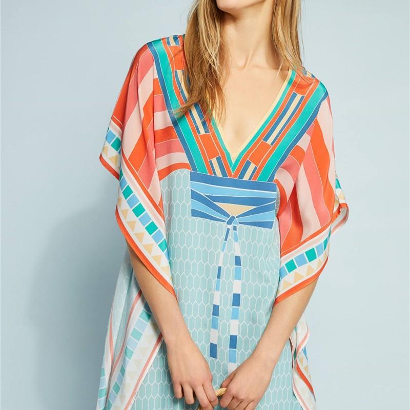 Quick-Dry Beach Cover Up Dress With Front Back V-Neck Loose Fit Printed Tunic Women Swimming Vacation