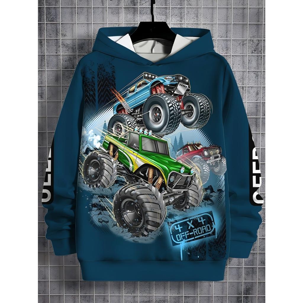 Big wheel truck 4x4 printed boys' simple hoodie - casual round neck long sleeved pullover, fashionable all season hoodie