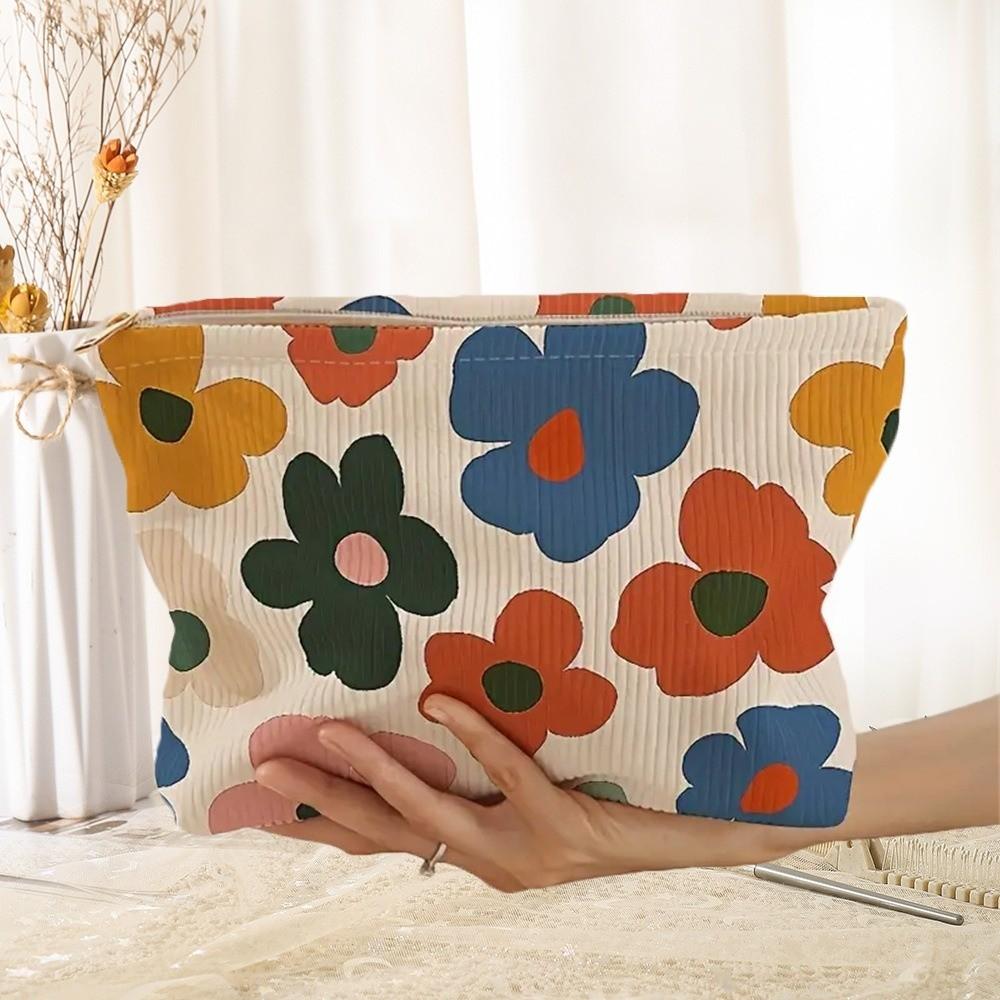 New Portable Floral Cosmetic Bag Corduroy Lightweight Zipper Makeup Organizer Multifunctional Large Capacity Storage Bag Travel