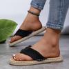 Summer Women's Plus Size Fleece Lined Flat Hemp Rope Flip Flops Comfortable Flat Canvas Slippers