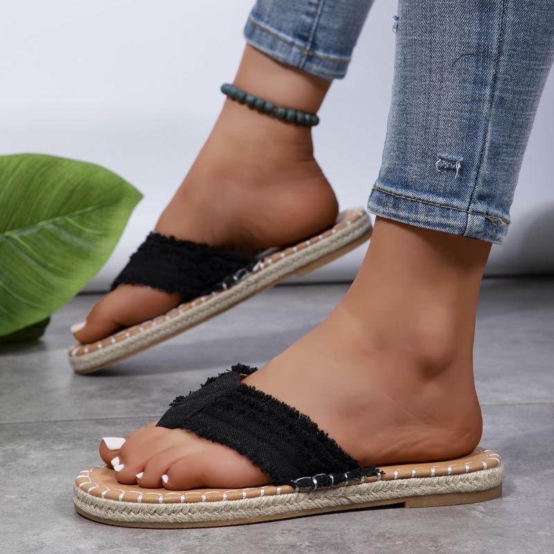 Summer Women's Plus Size Fleece Lined Flat Hemp Rope Flip Flops Comfortable Flat Canvas Slippers