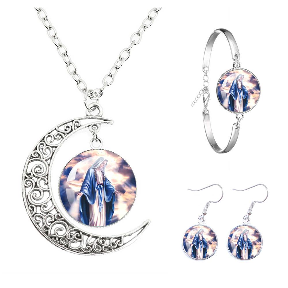 

Virgin Mary And Baby Jesus Catholicism The Moon Necklace Earrings Bracelet Set Religious Glass Cabochon Pendant Gift Jewelry