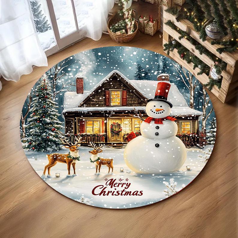 Christmas Snowflake Christmas Tree Round Rug Holiday Decor Cozy Living Room Bedroom FloorMat Winter Seasonal Decor Bedside Rug