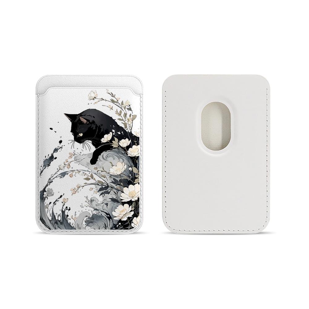 Japanese Ink Art Black Cat Leather Phone Wallet Case For Magsafe Magnetic Card Holder Slim Back Pocket Durable Stylish Cover