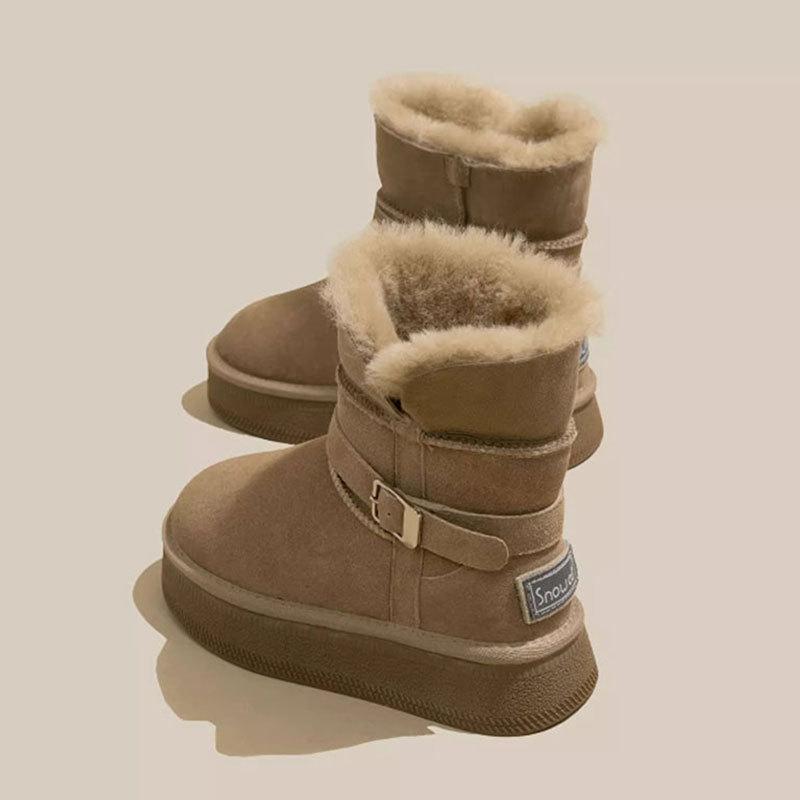 Warm Flipped Plush Thick-soled Medium Tube Snow Boots for Women To Increase Their Height In Winter, New Leather Fluffy Thickened Cotton Shoes