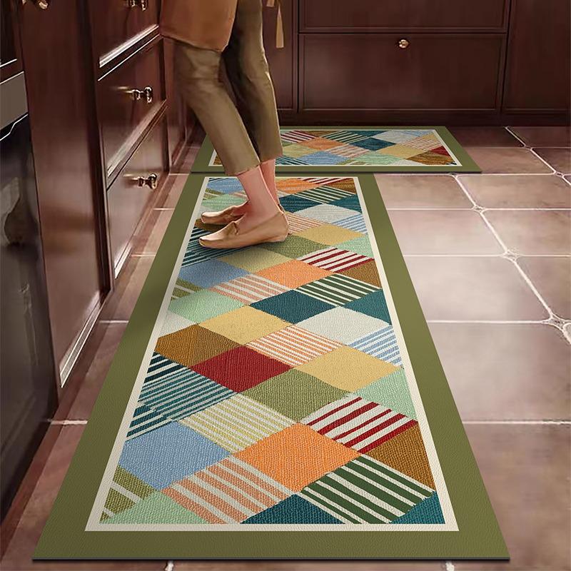 PVC Kitchen Carpet Waterproof Leather Floor Mat Oil-proof Non-slip Long Foot Mats Color Stripes Ethnic Style Home Decoration Rug