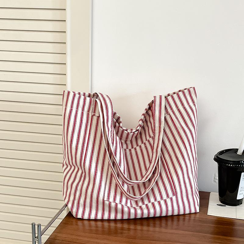 Striped Canvas Bag Women's Large-capacity Summer New Casual Shoulder Bag College Student Class Tote Bag