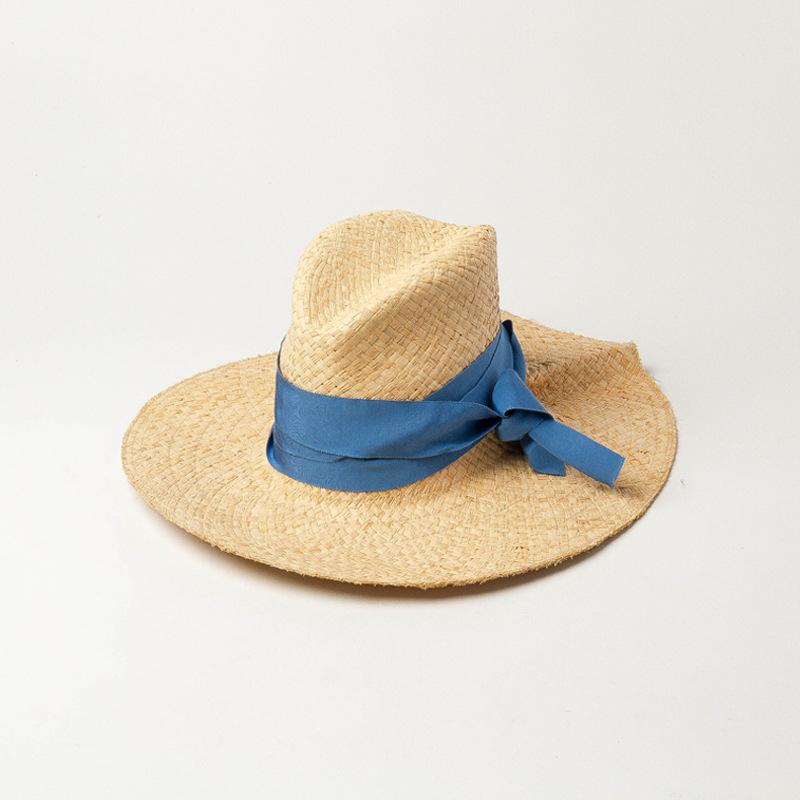 USPOP Spring Summer Wide Ribbon Bow Sun Hats Double-layer Hand-woven Raffia Jazz Hat Outdoor Sunshade Raffia Beach Straw Hat