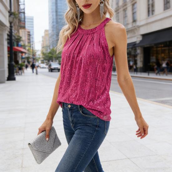Women Vest Halter Neck Off Shoulder Sleeveless Tops Loose Fit Pure Color Sequin Decoration Party Tops Casual Daily Wear