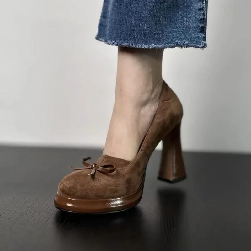 Women Shoes  Retro High Heels Butterfly Knot Square Heel Faux Suede Commuting Elegant 6-8cm Pumps Tacones Para Mujer 2025
