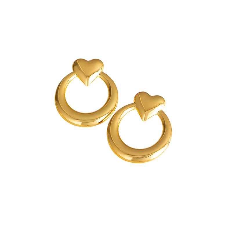 Retro High-End Geometric Heart Earrings: Stainless Steel with Creative Metal Flower Design золотой