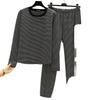 Casual Loose Two-piece Black and White Striped Home Clothes Plus Velvet and Thickened Women's Suit That Can Be Worn Outside