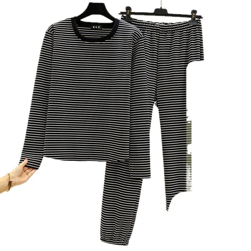 Casual Loose Two-piece Black and White Striped Home Clothes Plus Velvet and Thickened Women's Suit That Can Be Worn Outside