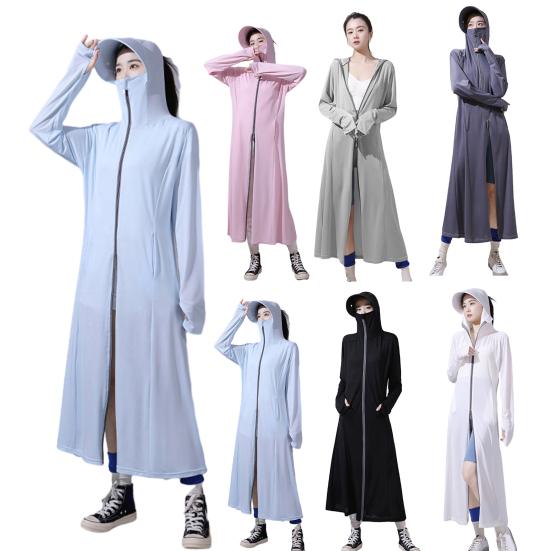 Langer Damen-Sonnenschutzmantel mit Kapuze, lange Ärmel, Anti-UV-Sonnenschutz, weich, atmungsaktiv, dünn, Eisseide, Reißverschluss, lockere Schweißabsorption