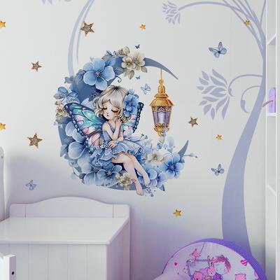 Blumenfee Mond Schmetterling Wandaufkleber für Mädchenzimmer Schlafzimmer Dekoration Heimdekor Kunstaufkleber
