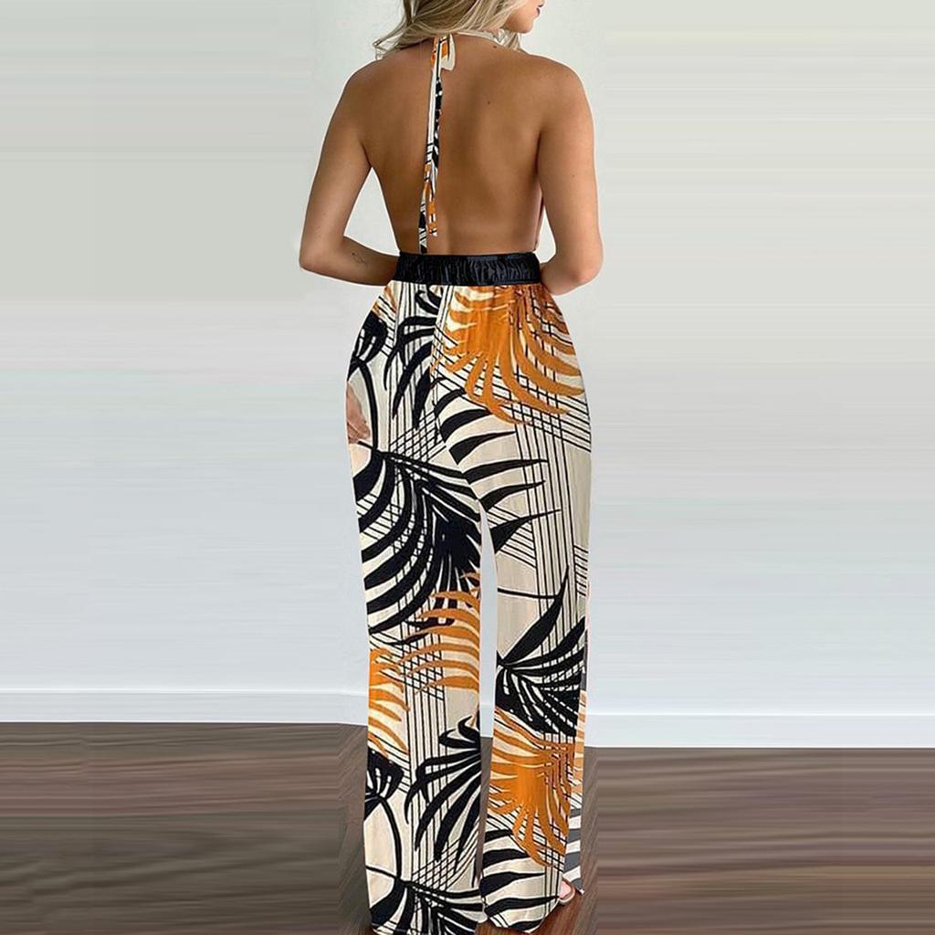 Fashion Tropical Print Halter Jumpsuit Women Backless Elastic Waist Wide Leg Beach Romper