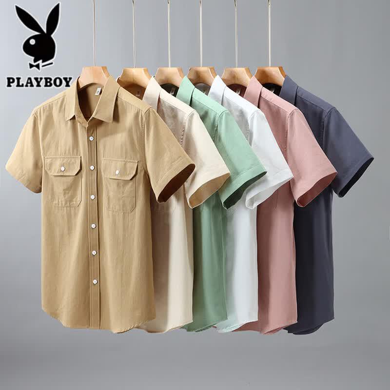 PLAYBOY Men's Casual Short Sleeve Cotton Work Shirt