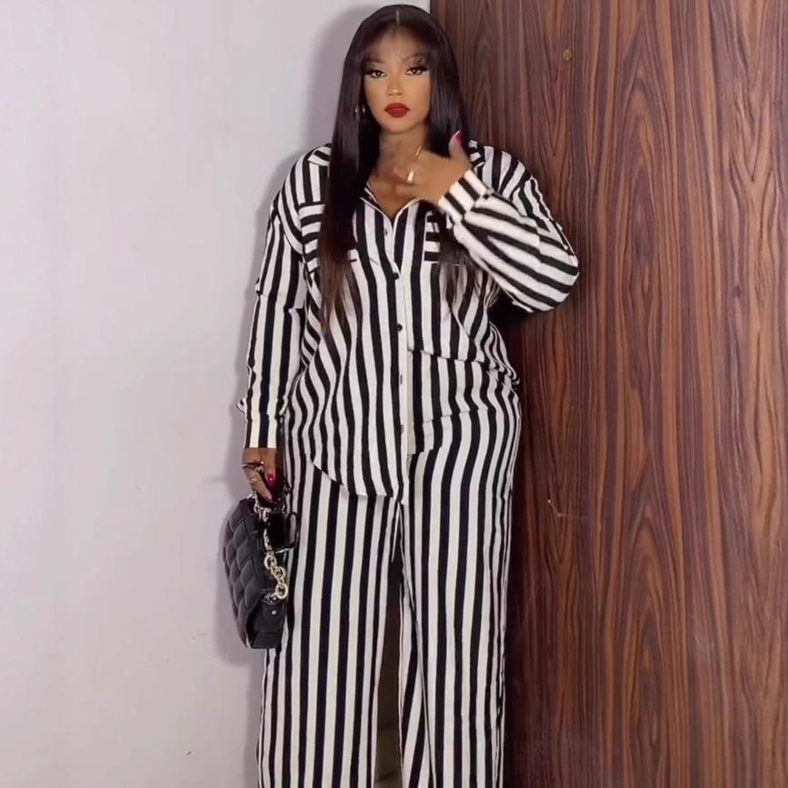 European and American new suit women's long-sleeved striped shirt high-waisted wide-leg pants African loose large-size women's two-piece suit trendy