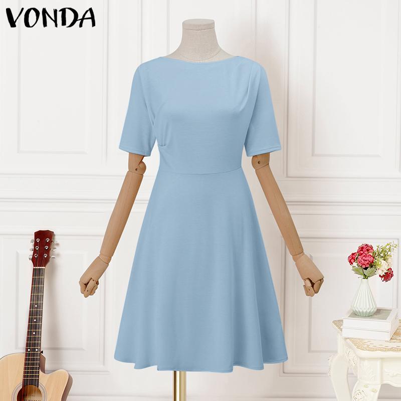 

VONDA Women Round Neck Short Sleeve Waist Solid Color A Line Dresses