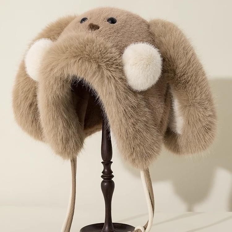 New Versatile Cute Long Ear Blush Rabbit Plush Hat for Women In Autumn and Winter Cold Protection and Warm Ear Protection Lei Feng Hat