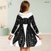 Girls Long Sleeve White Fuzzy Trim Black Gold Green Printed A Line Flared Dress