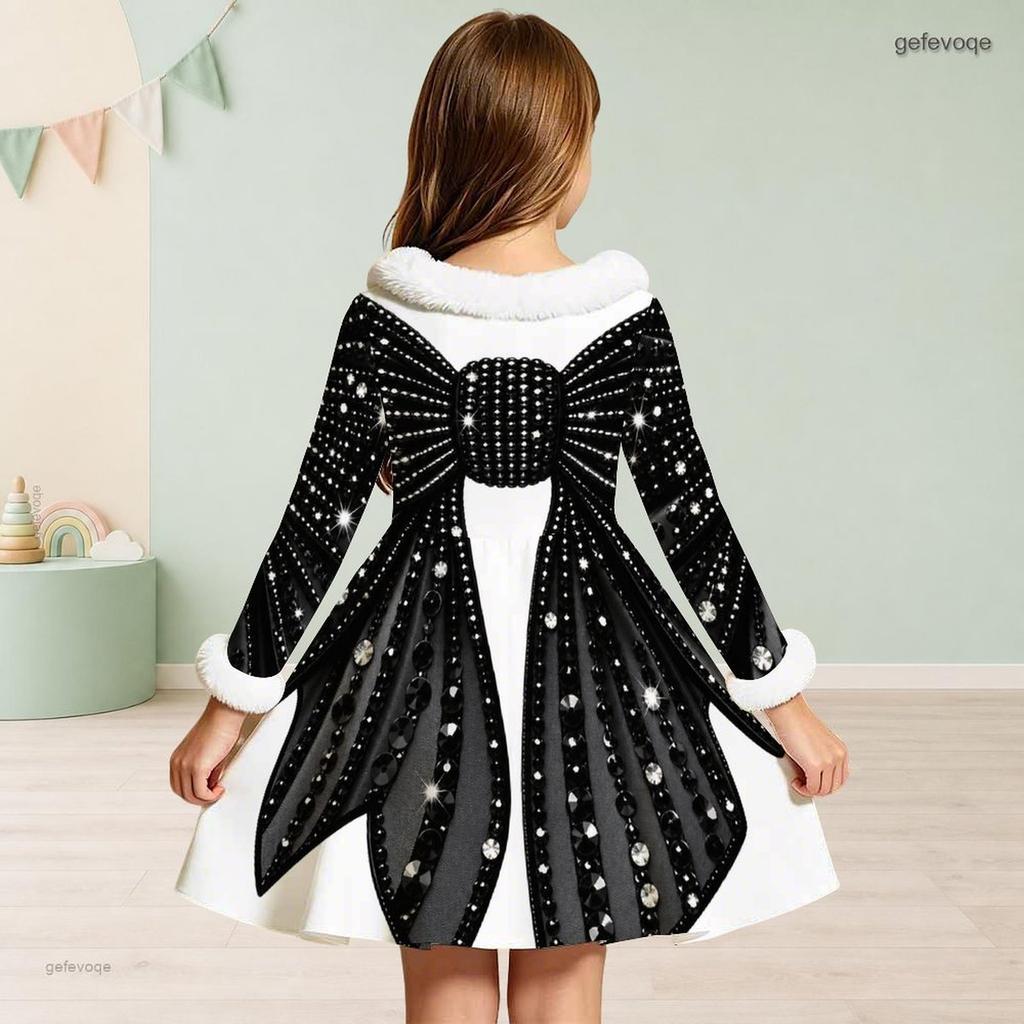 Girls Long Sleeve White Fuzzy Trim Black Gold Green Printed A Line Flared Dress