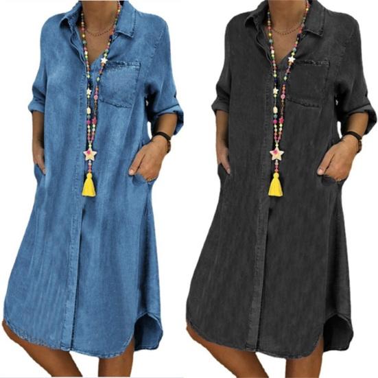 Denim Dress Single Breasted Pockets Summer Buttons Knee Length Dress Streetwear