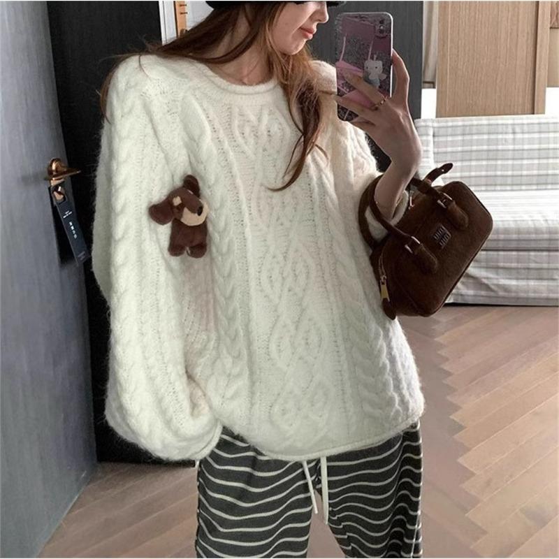 

Однотонный пуловер с ромбами жаккардовой вязки с кудряшками, женский осенне-зимний новый дизайн, высококачественный свободный вязаный свитер-топ для женщин One Size