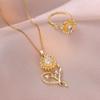 Stainless Steel Luxury Gold Color Crystal Rotatable Sunflower Heart Pendant Necklace for Women Charm Korea Earring Jewelry Set