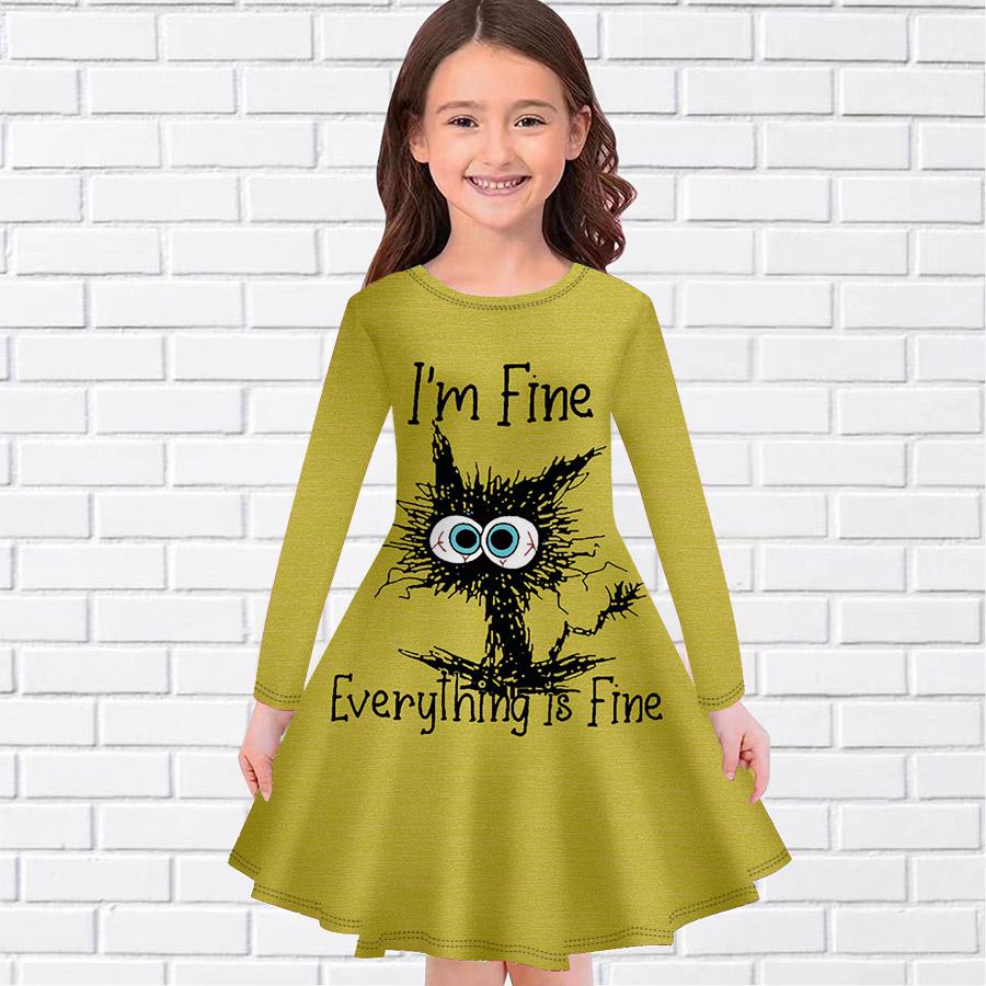 Girl Casual Stupid Cat Print Round Neck Long Sleeve Dress Kid Princess Dress