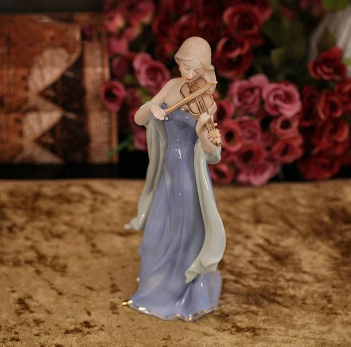 Elegante Porzellan Geige spielende Dame Figur Keramik Musikschönheit Statuette Dekor Geschenk Handwerk Ornament Zubehör Einrichtung