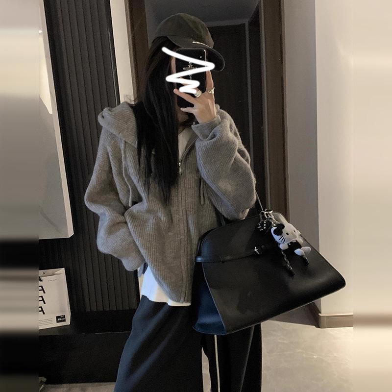 

Korean Style Hooded Zip-Up Loose Sweater for Women, Autumn/Winter 2025 - Knit Cardigan Coat with Inner Layer S (suggested for 70-95 jin) сірий колір