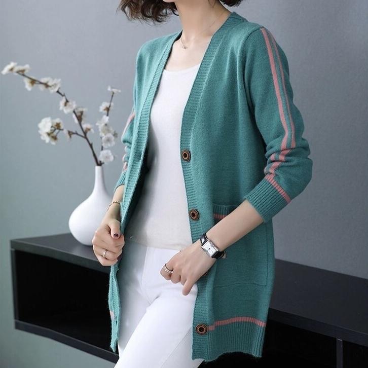 Dzianinowy sweter kardigan dla kobiet na jesień i zimę z dekoltem w serek, dzianinowy płaszcz, luźny sweter płaszcz o średniej długości