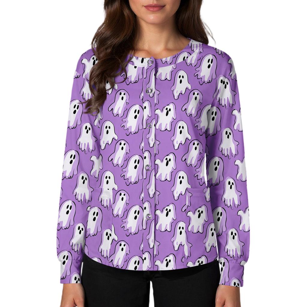 Women's Casual Fashion Single Breasted Halloween Graphic Printed Nurses Tops
