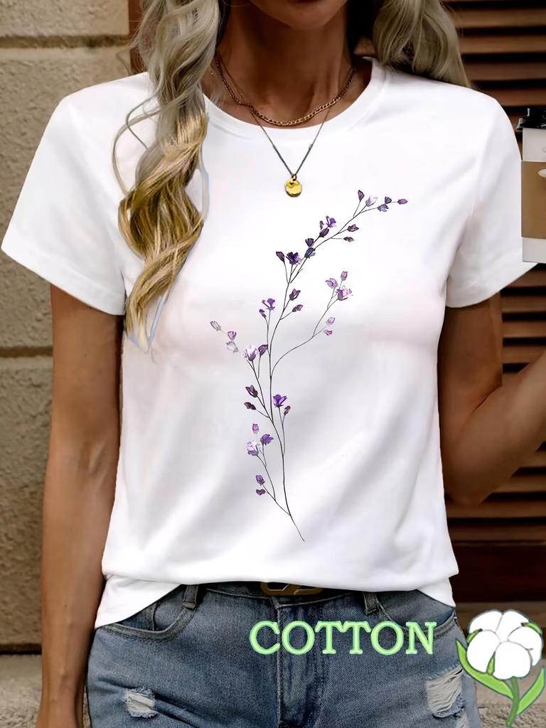 2026 Colorful Floral Round Neck Short Sleeve Casual Pure Cotton T-shirt