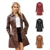 Womens Long Sleeve Faux Leather Trench Coat With Belt British Style Elegant Outerwear