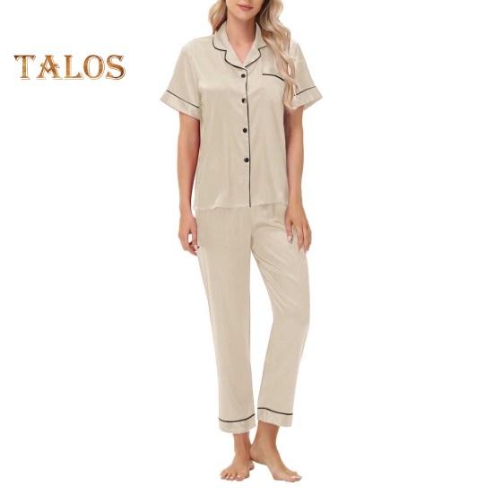 2-teiliges Pyjama-Set aus Satin, einreihig, Eisseide, Übergröße, Strickjacke, V-Ausschnitt, Reverskragen, einfarbiges Hemd, weites Bein, lockere Hose, Nachthemd